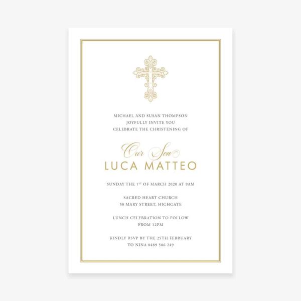 Gold Cross Christening Invitation