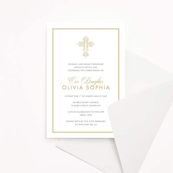 Gold Cross Christening Invitation