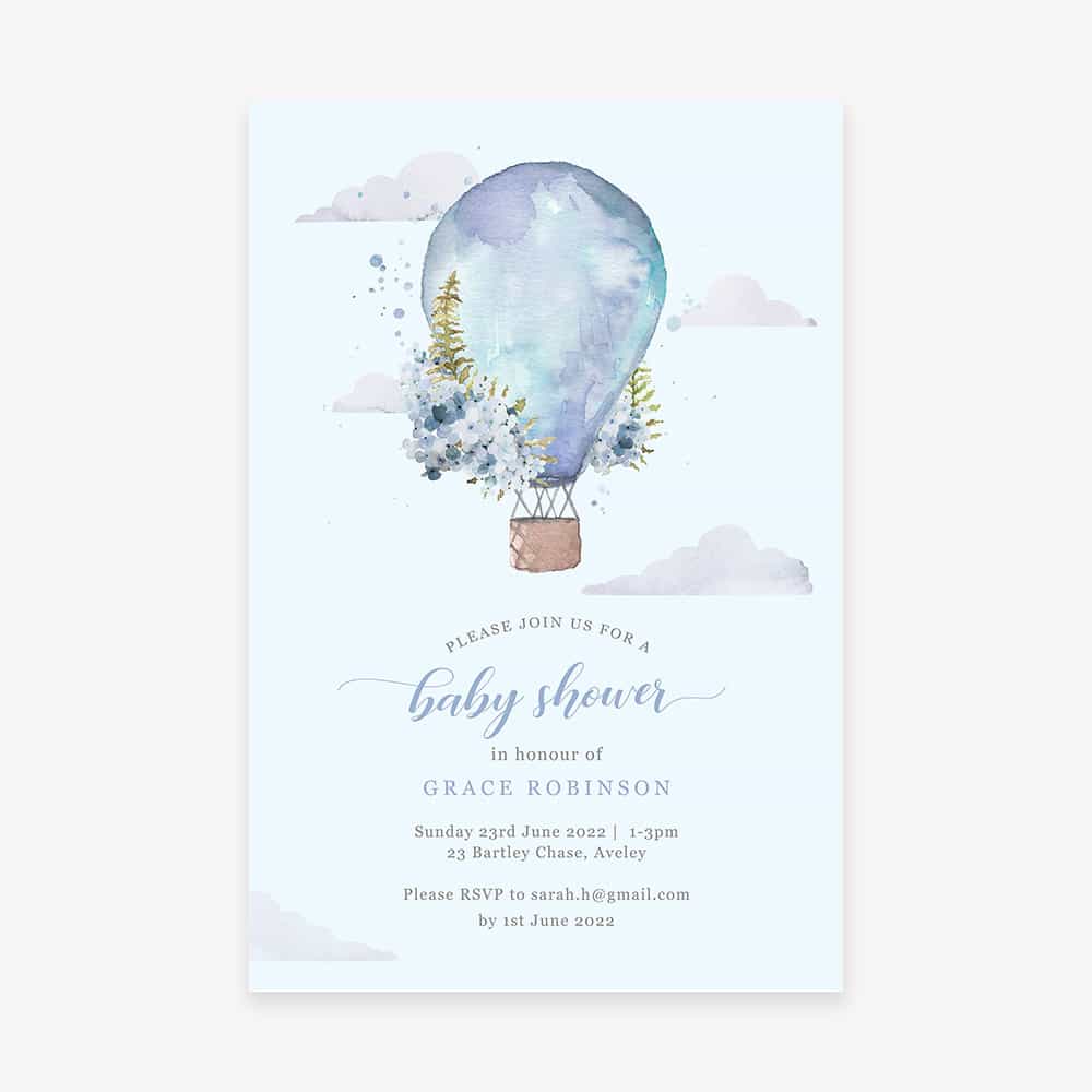 Baby shower invitation with blue background and blue watercolour hot air balloon