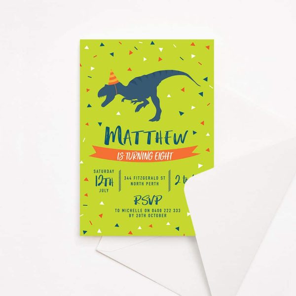 Kids birthday party invitation with green background with confetti and dinosaur image