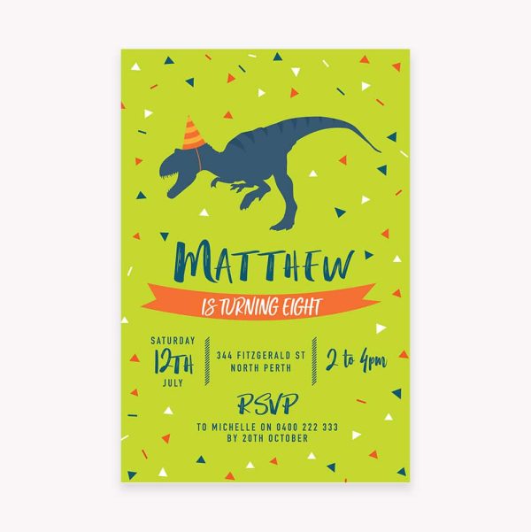 Kids birthday party invitation with green background with confetti and dinosaur image