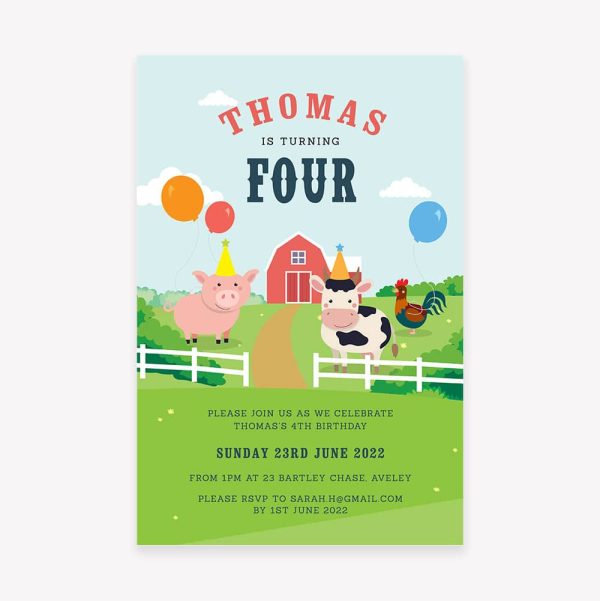 Kids birthday party invitation with farm and barnyard animals
