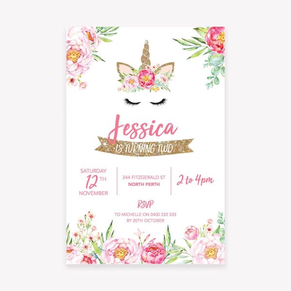 Kids birthday party invitation with unicorn ears and pink florals
