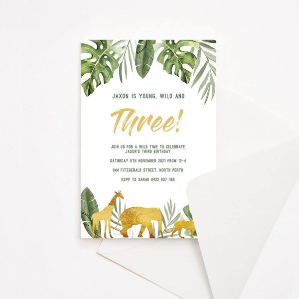 Kids birthday party invitation jungle animal theme with jungle leaves