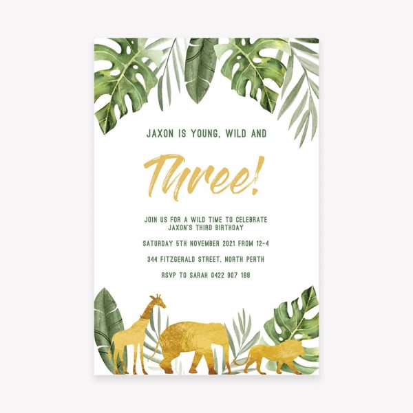 Kids birthday party invitation jungle animal theme with jungle leaves
