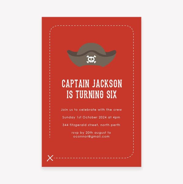 Kids birthday party invitation with red background and pirate hat
