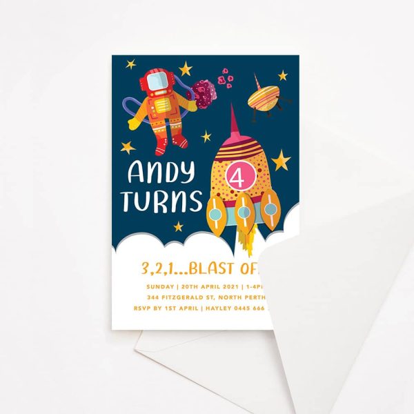 Kids birthday party invitation with rocket and astronaut