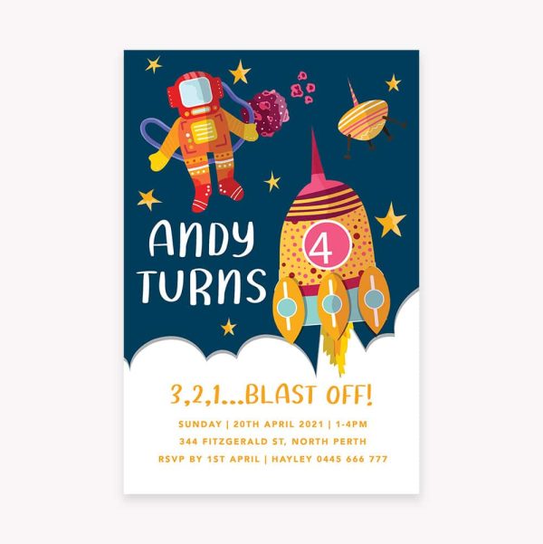 Kids birthday party invitation with rocket and astronaut