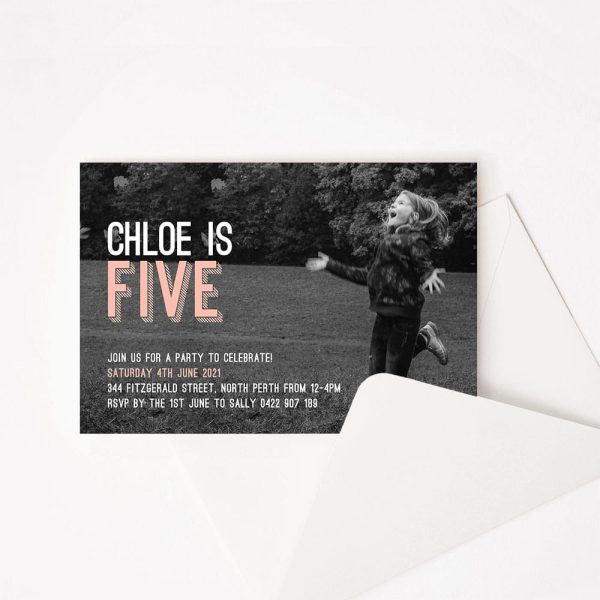 Kids birthday party invitation with black and white photo of happy child