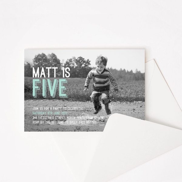 Kids birthday party invitation with black and white photo of happy child