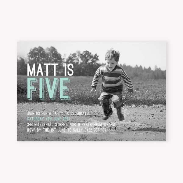 Kids birthday party invitation with black and white photo of happy child