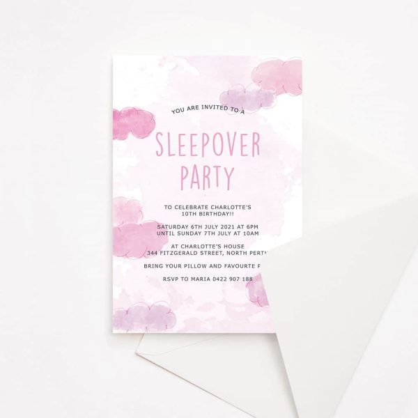 Kids birthday party invitation pink sleepover theme with pink clouds