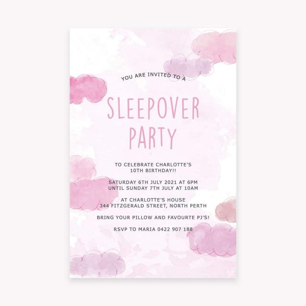 Kids birthday party invitation pink sleepover theme with pink clouds