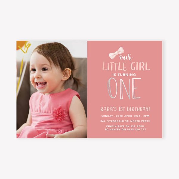 Kids birthday party invitation baby girl photo with pink background