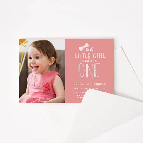 Kids birthday party invitation baby girl photo with pink background