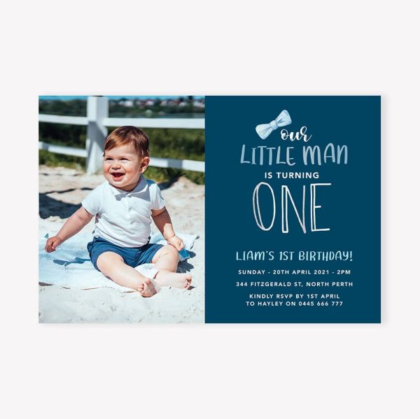 Kids birthday party invitation baby boy photo with blue background