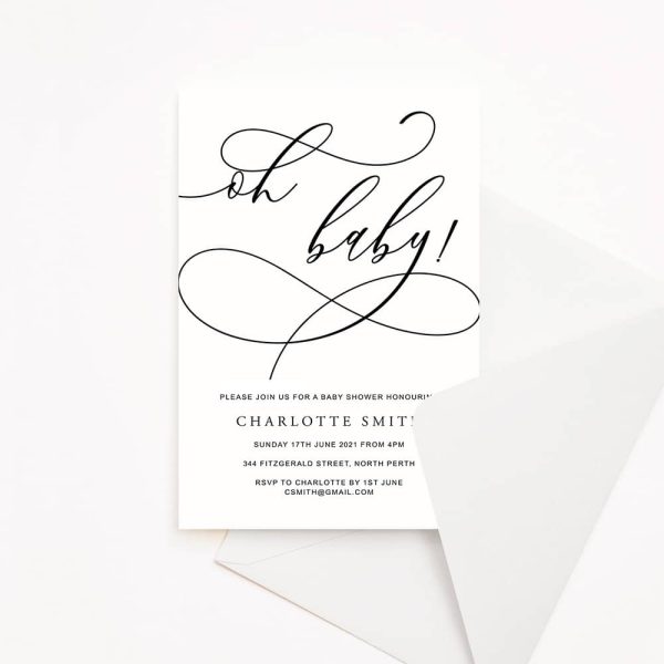 Baby shower invitation with white background and black script text "oh baby"