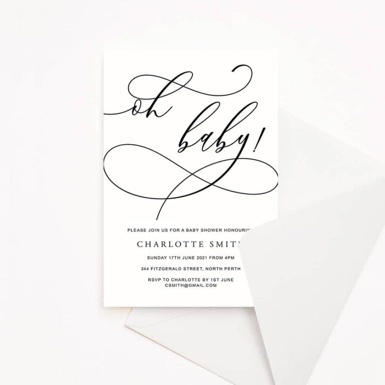 Baby shower invitation with white background and black script text "oh baby"