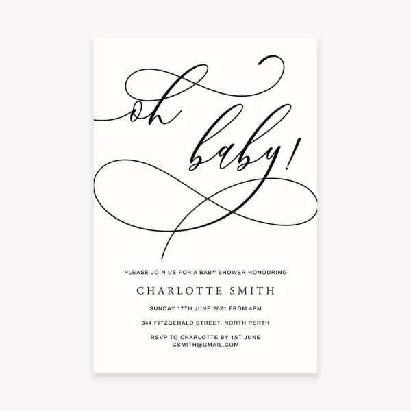 Baby shower invitation with white background and black script text "oh baby"