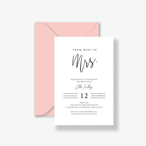 Miss to Mrs Bridal Shower invitation with minimal black text on white background with a blush pink envelope