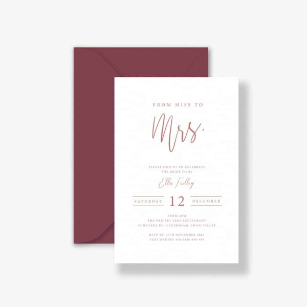 Miss to Mrs Bridal Shower invitation with minimal deep rose text on white background with a deep rose envelope