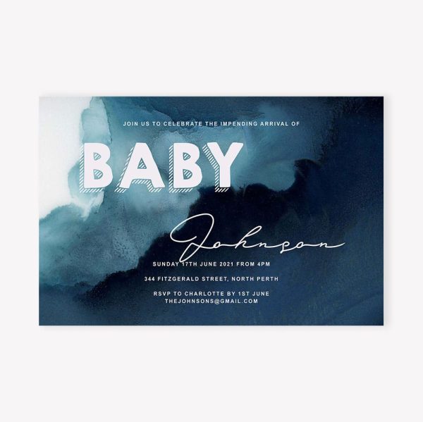 Baby shower invitation with navy watercolour background