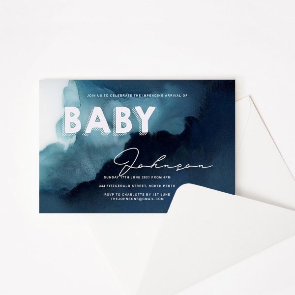 Baby shower invitation with navy watercolour background