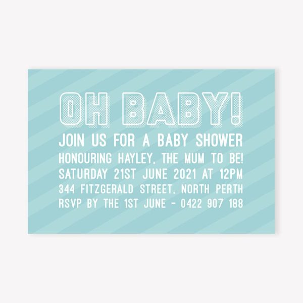 Baby shower invitation with retro strip and bold text in green blue