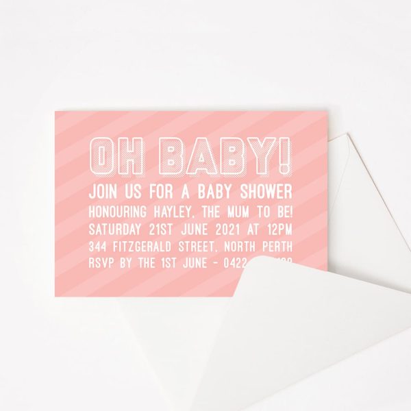 Baby shower invitation with retro strip and bold text in pink