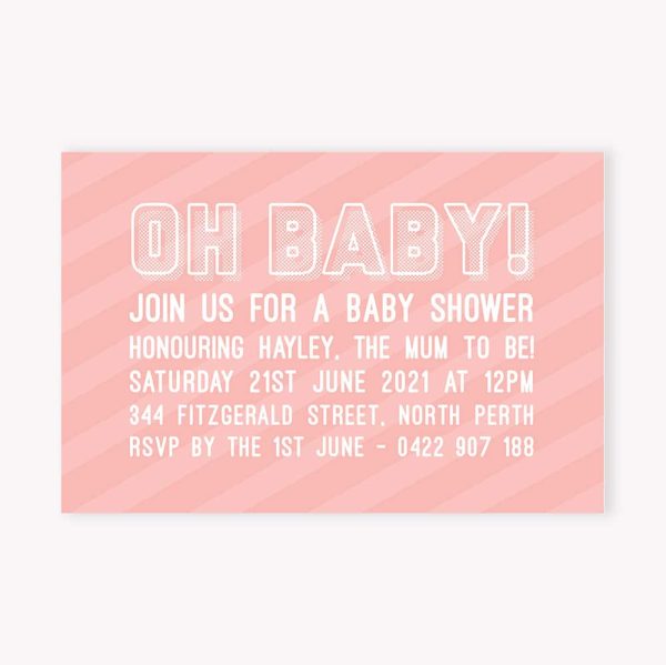 Baby shower invitation with retro strip and bold text in pink