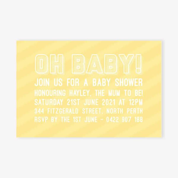 Baby shower invitation with retro strip and bold text in yellow