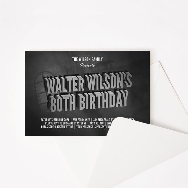Adult Birthday Party Invitation Hitchcock Old Movie Title Theme Black and white