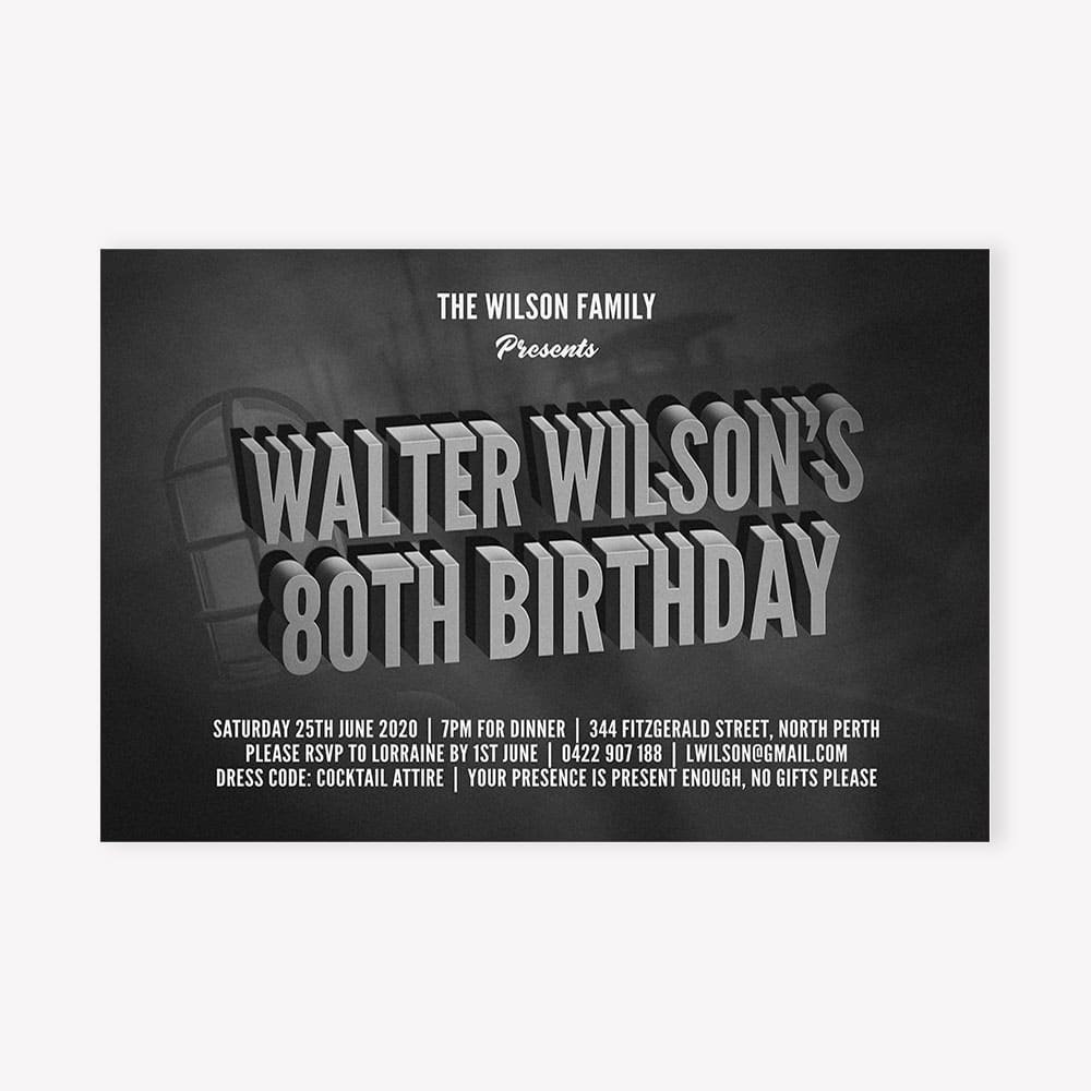 Adult Birthday Party Invitation Hitchcock Old Movie Title Theme Black and white