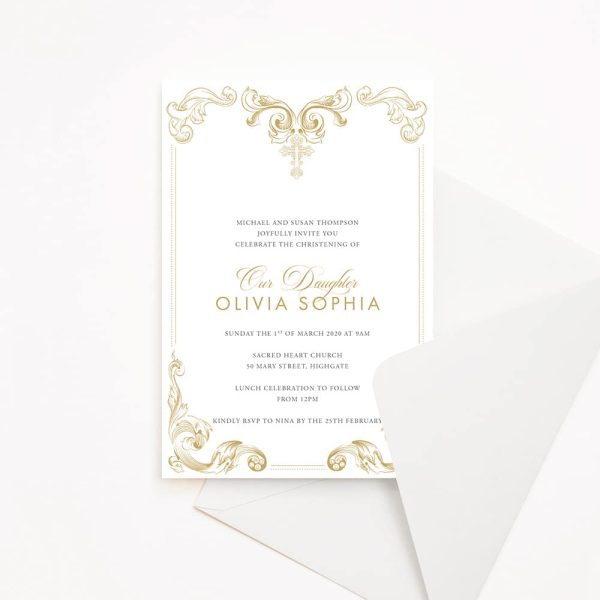 Gold Cross Christening Invitation