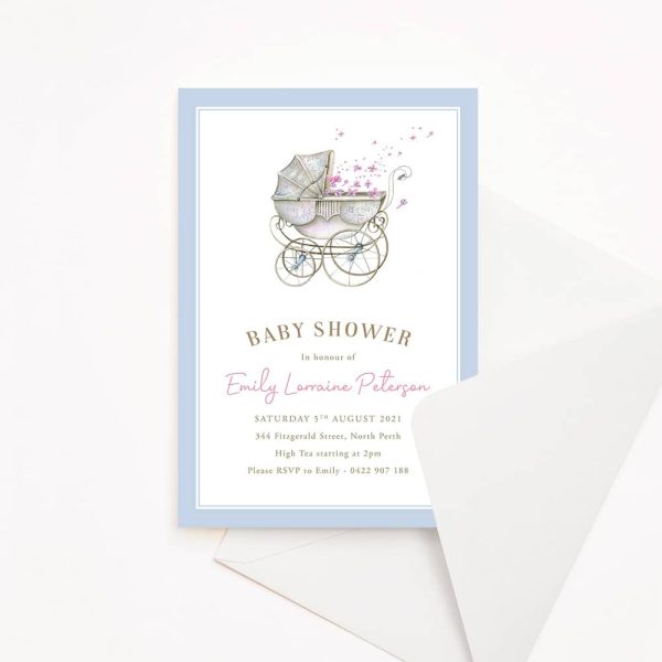 Baby shower invitation with pastel baby carriage and blue border