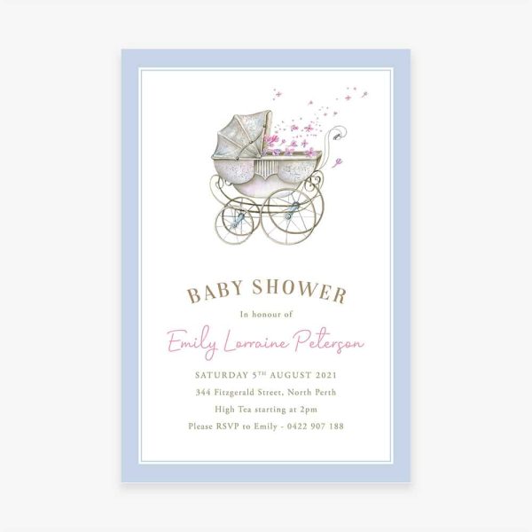 Baby shower invitation with pastel baby carriage and blue border