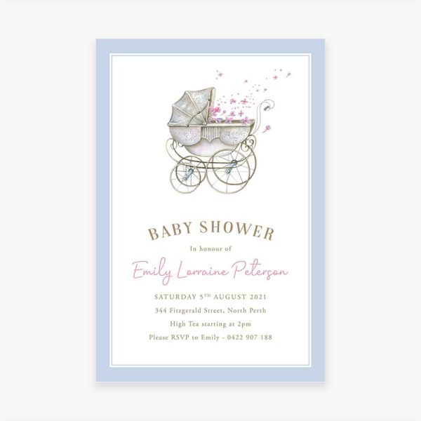 Baby shower invitation with pastel baby carriage and blue border