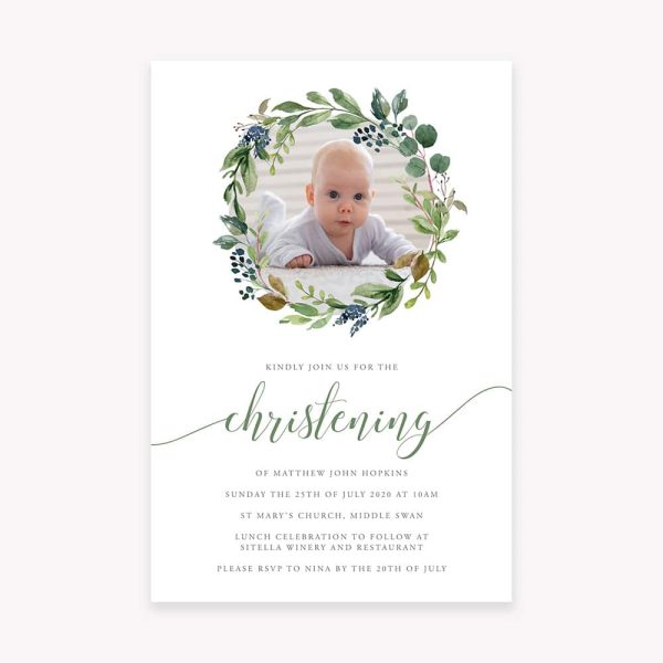 Photo Wreath Christening Invitation