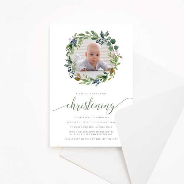 Photo Wreath Christening Invitation