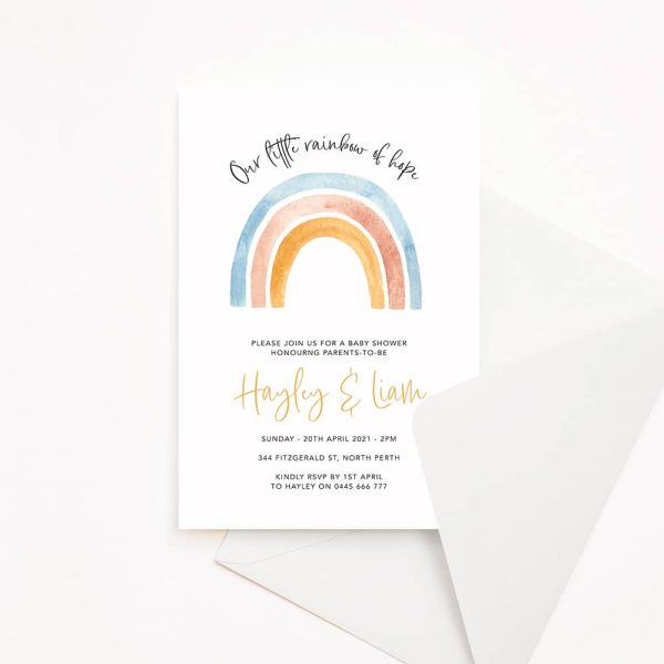 Baby shower invitation with pastel watercolour rainbow and white background boho