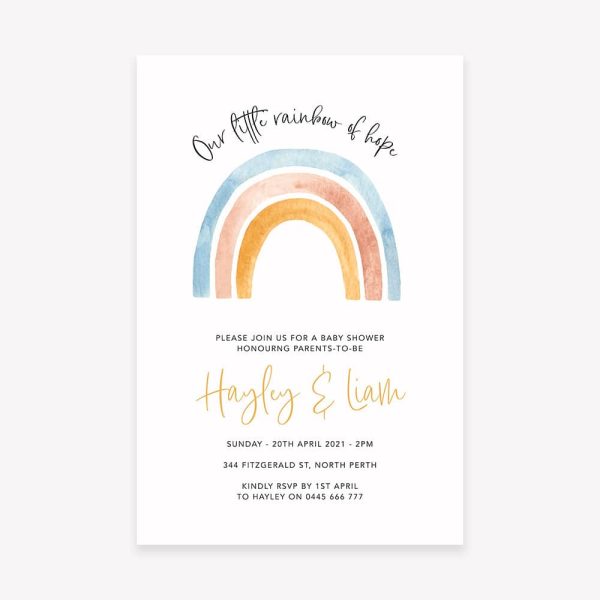 Baby shower invitation with pastel watercolour rainbow and white background boho