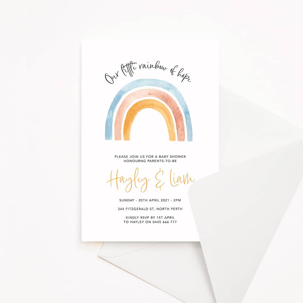 Baby shower invitation with pastel watercolour rainbow and white background boho