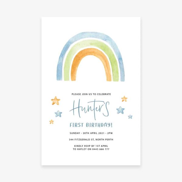 Kids birthday party invitation with blue, green and orange rainbow and stars