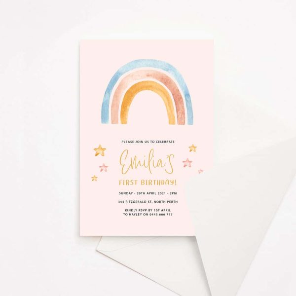 Kids birthday party invitation pink background with orange, blue, and pink rainbow and stars