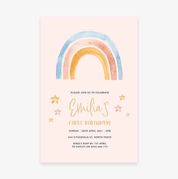Kids birthday party invitation pink background with orange, blue, and pink rainbow and stars