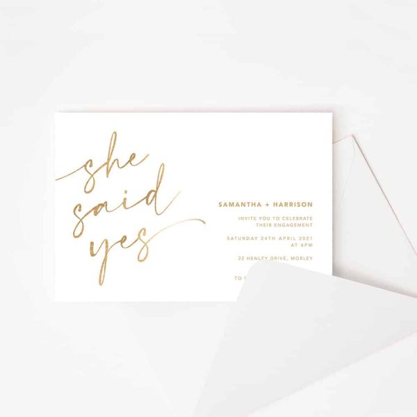 Engagement Invitation with gold text "she said yes"