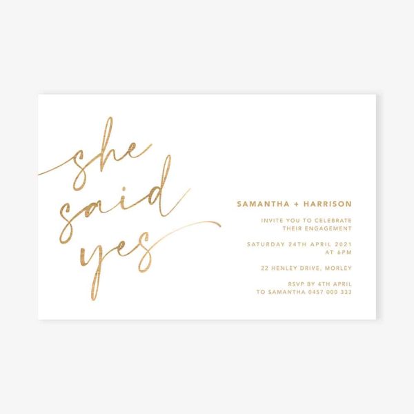 Engagement Invitation with gold text "she said yes"