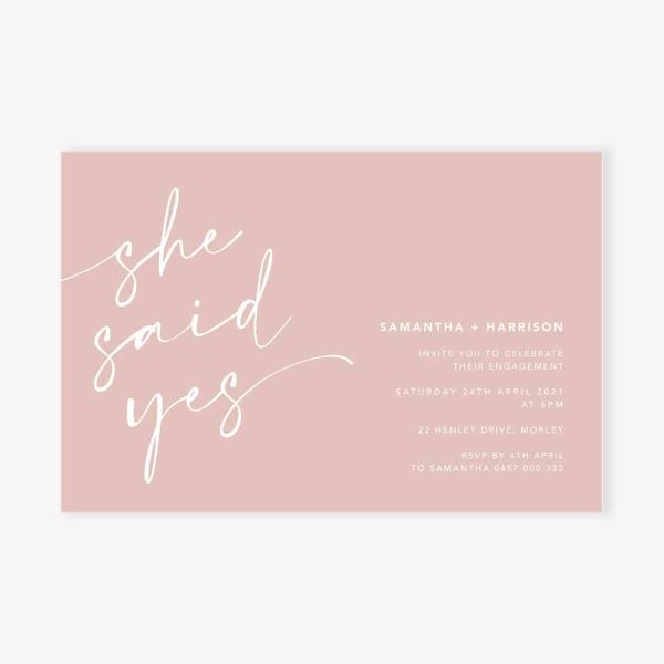 Engagement Invitation with white text "she said yes" on pink background