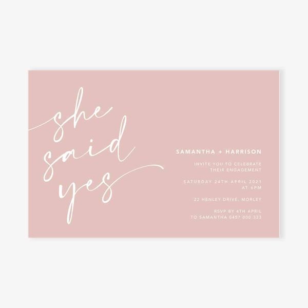 Engagement Invitation with white text "she said yes" on pink background