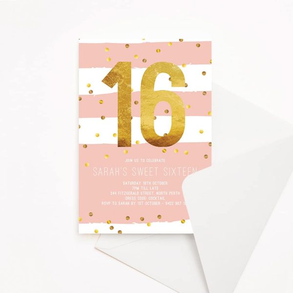 Sweet 16 Teenage Birthday Party Invitation with gold confetti and pink stripes